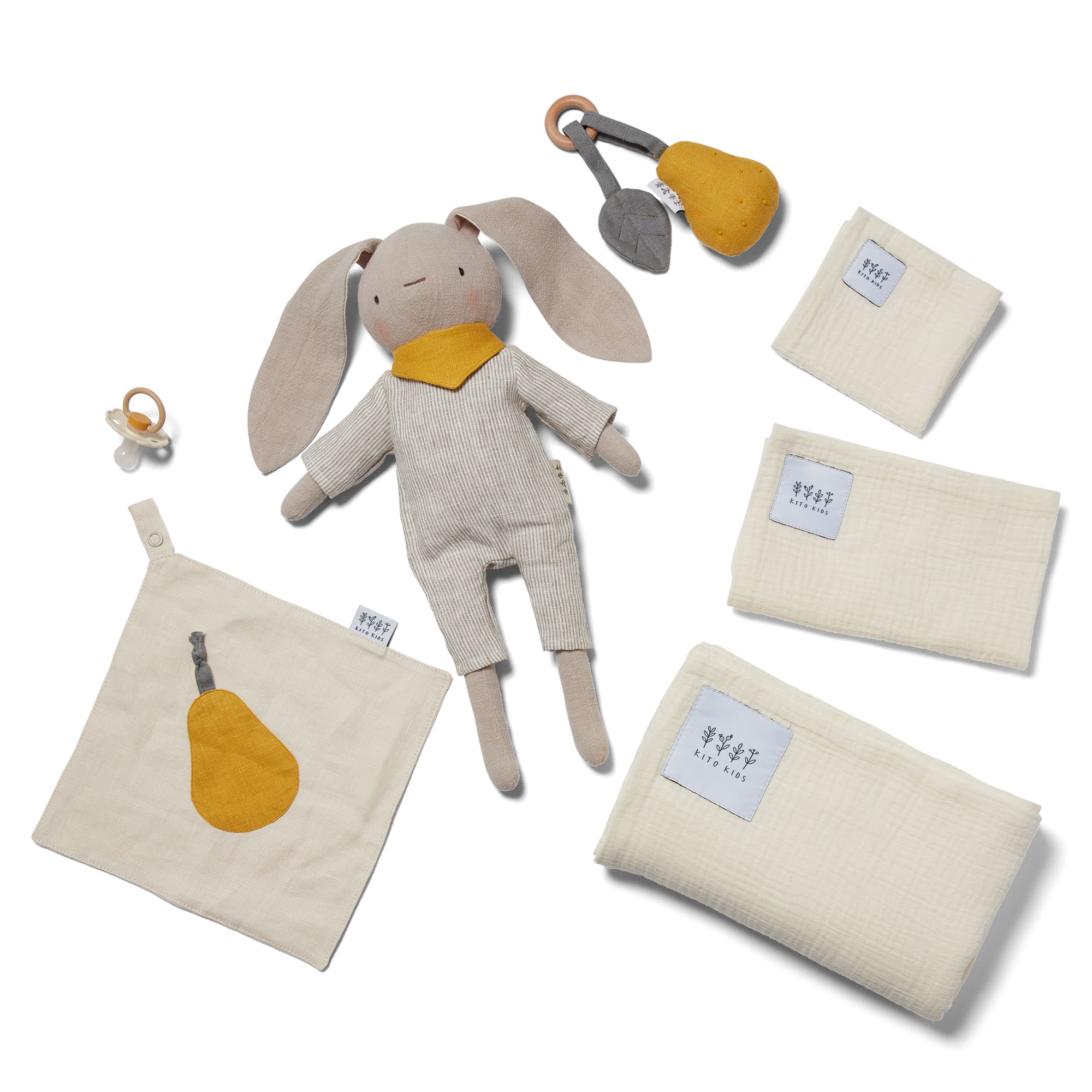 Coffret Bébé Personnalisé – Lapin Rayé Beige & Accessoires Naturels