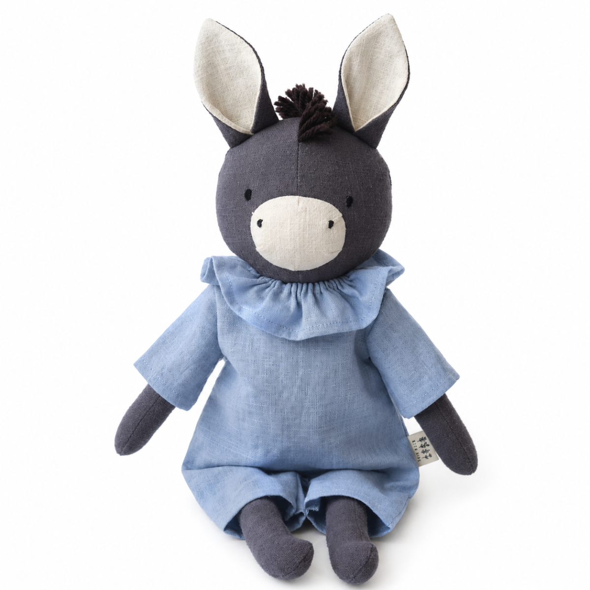 Peluche âne personnalisable, lin naturel, tenue bleu clair