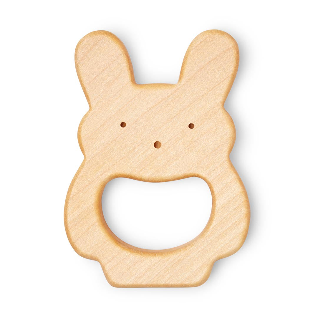 Anneau de dentition d'éveil en forme de lapin, sculpté dans un bois naturel et poli, conçu pour apaiser les gencives douloureuses de bébé.