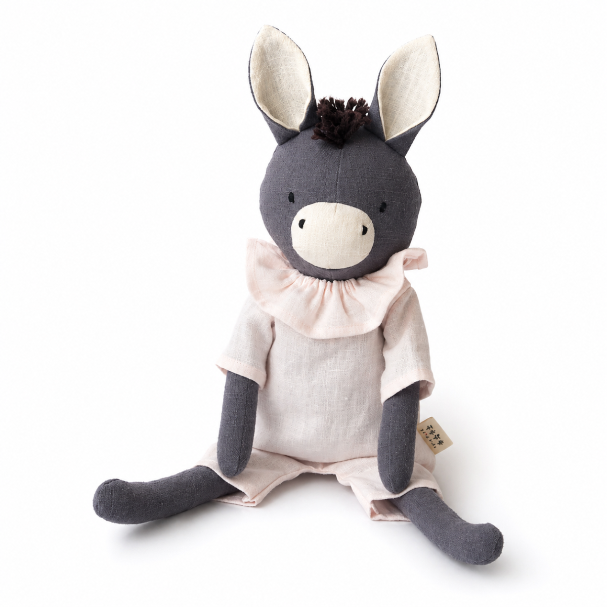 Peluche âne personnalisable, lin naturel, tenue rose