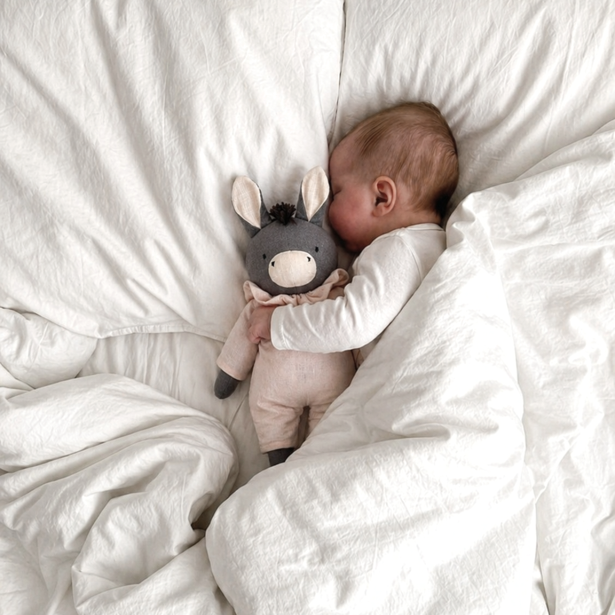 Peluche âne personnalisable, lin naturel, tenue rose