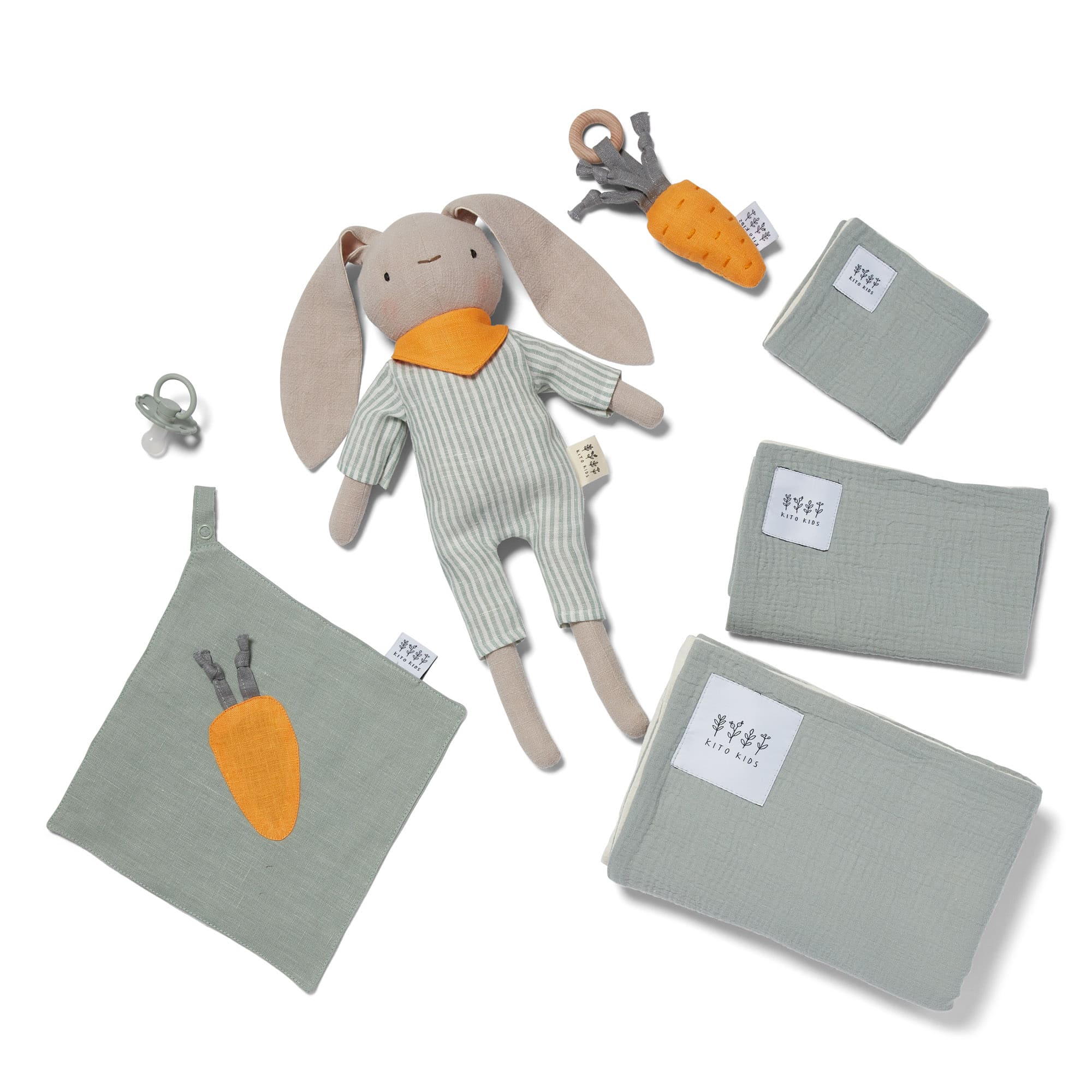 Coffret Cadeau de naissance Lapin en Lin vert sauge et accessoires