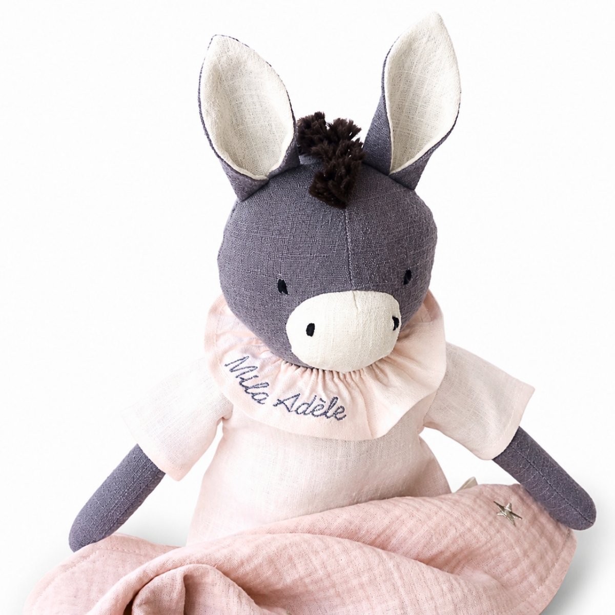 Peluche âne personnalisable, lin naturel, tenue rose