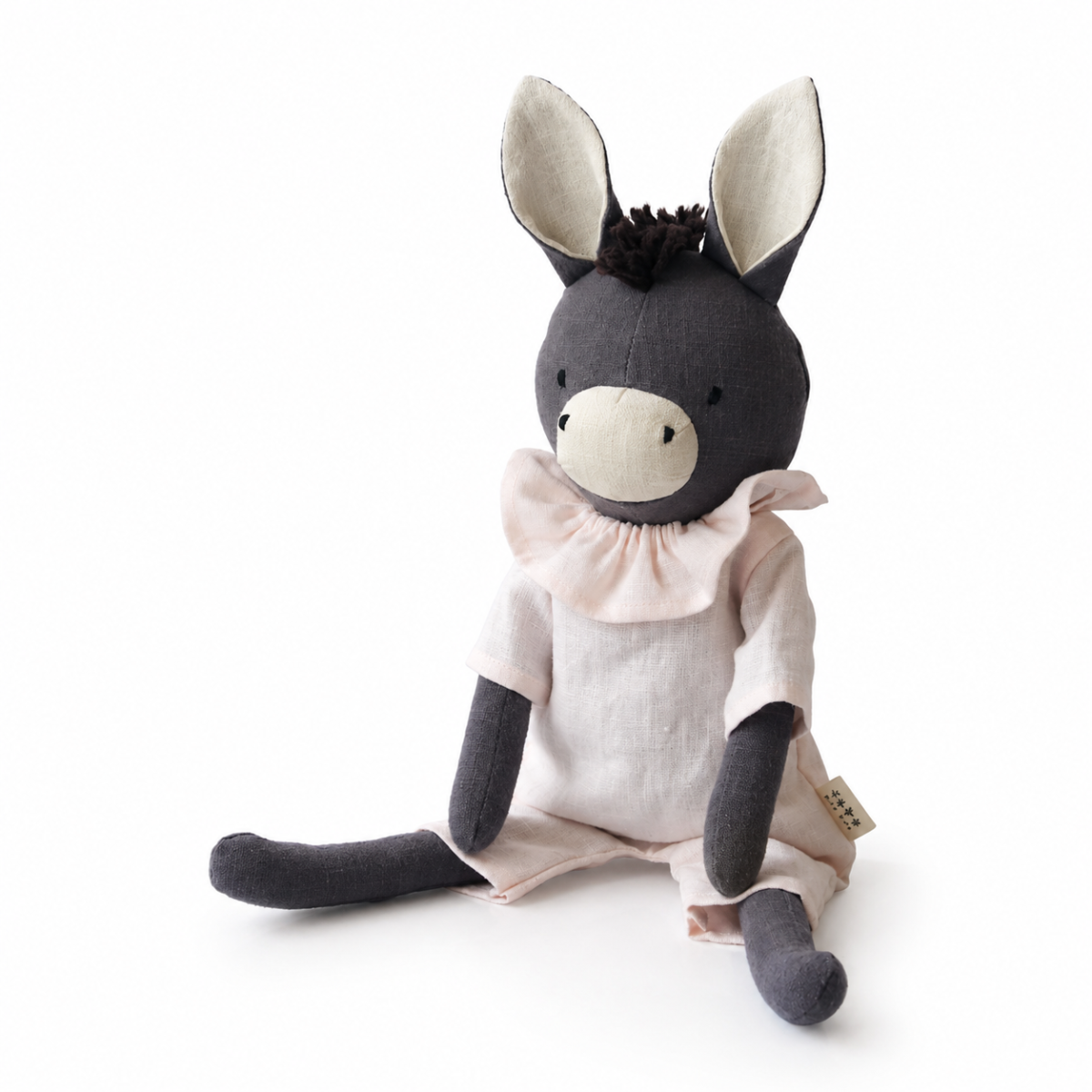 Peluche âne personnalisable, lin naturel, tenue rose