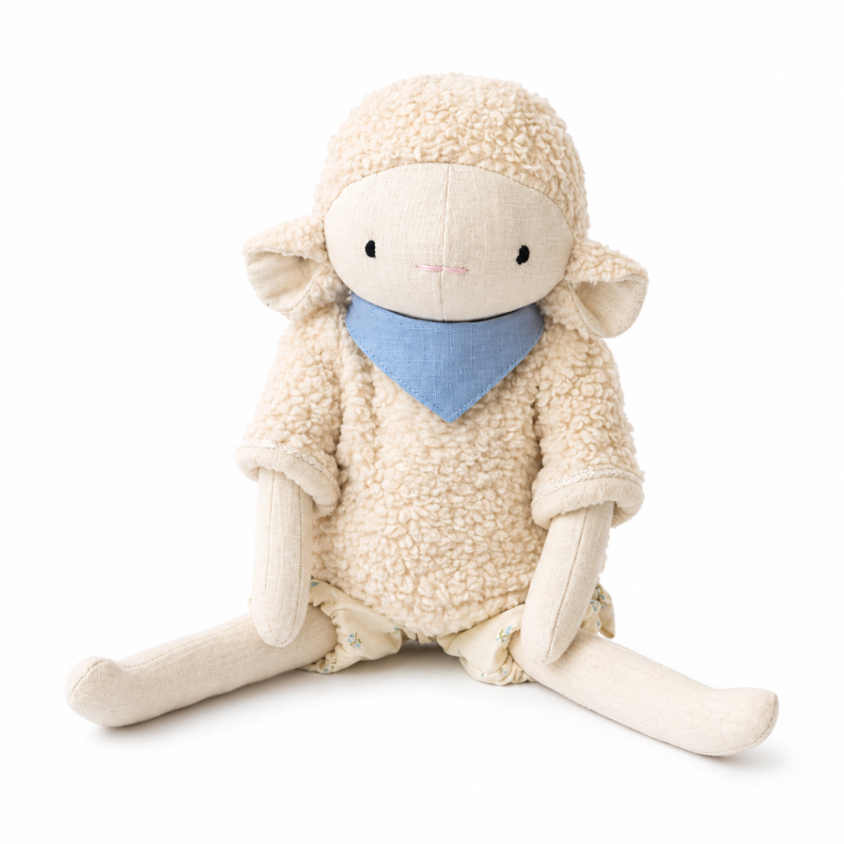 Peluche mouton personnalisable, lin blanc, foulard bleu