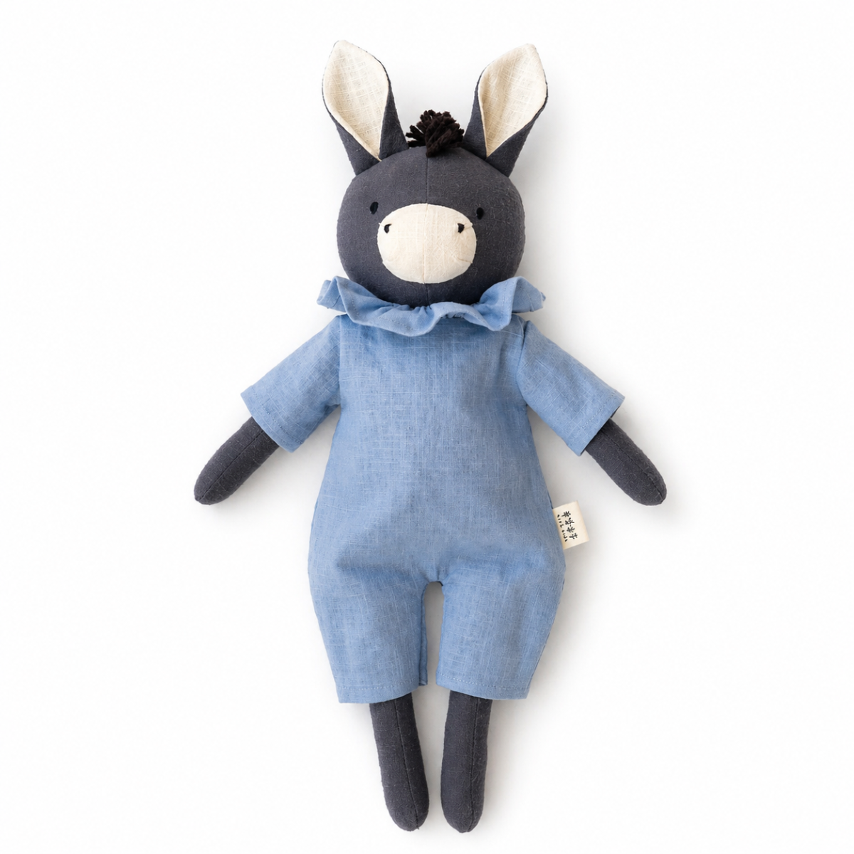 Peluche âne personnalisable, lin naturel, tenue bleu clair