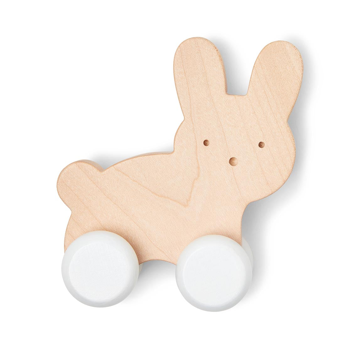 Petit animal en bois à roulettes, un jouet de motricité durable, sain et robuste fabriqué avec des matériaux écoresponsables pour le divertissement des bébés.