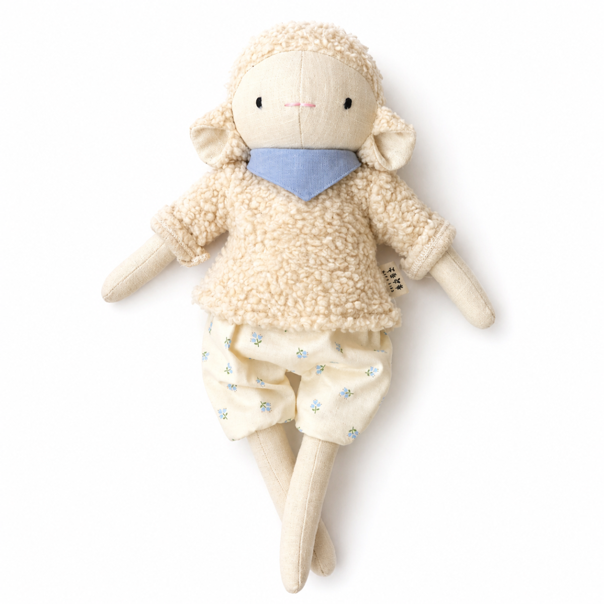 Peluche mouton personnalisable, lin blanc, foulard bleu