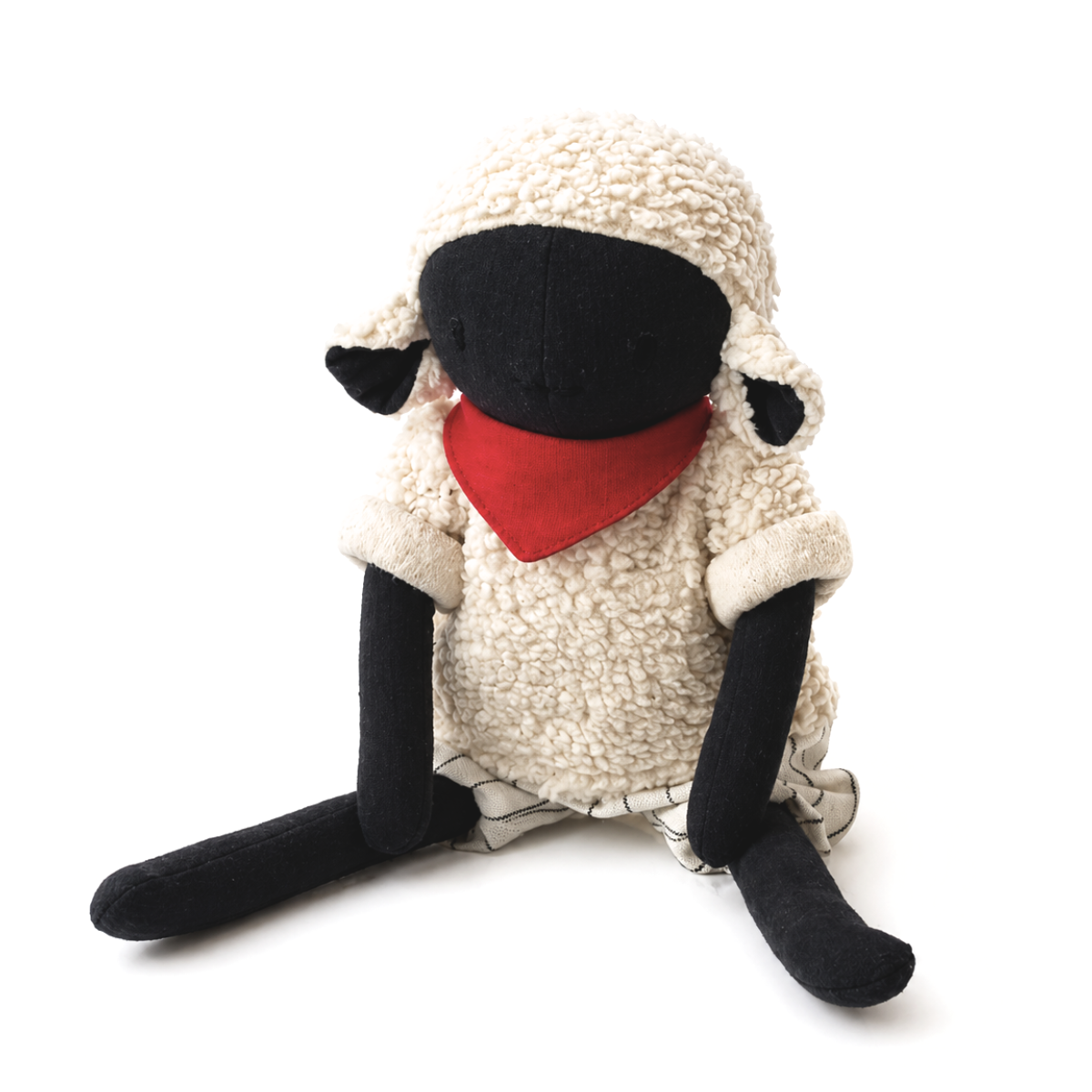 Peluche mouton nez noir personnalisable, lin naturel, foulard rouge