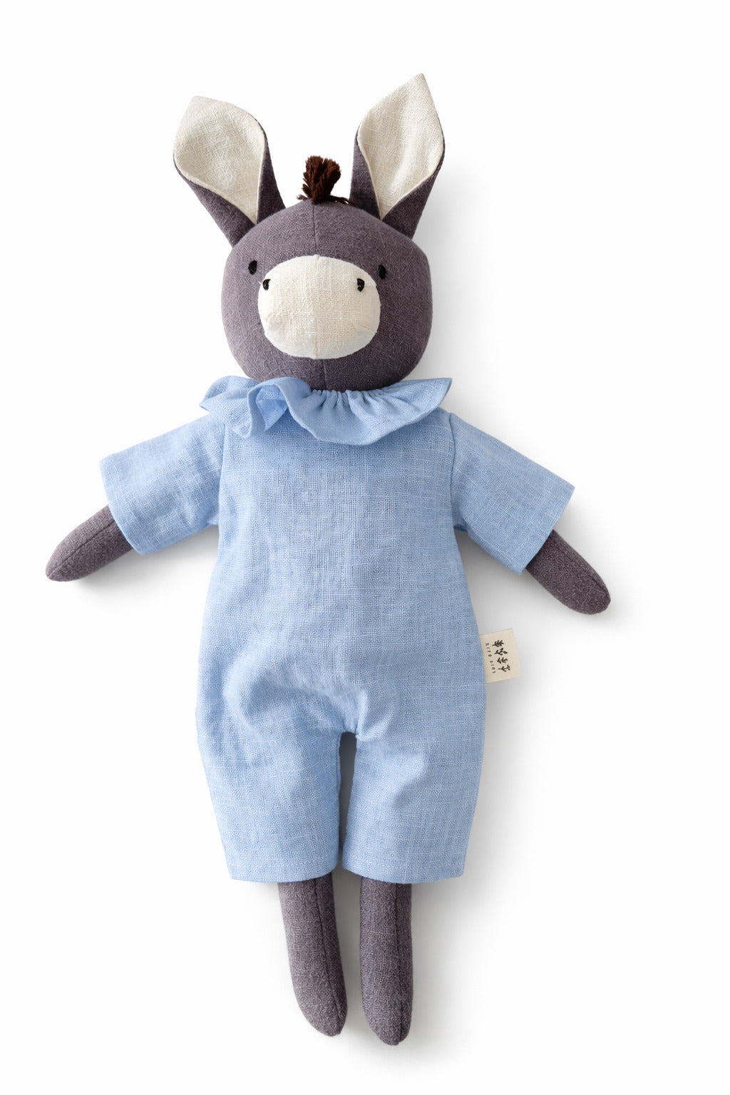 Peluche âne personnalisable en lin naturel et tenue bleu parfait pour offrir confort, douceur et sécurité à votre bébé dès ses premiers mois.