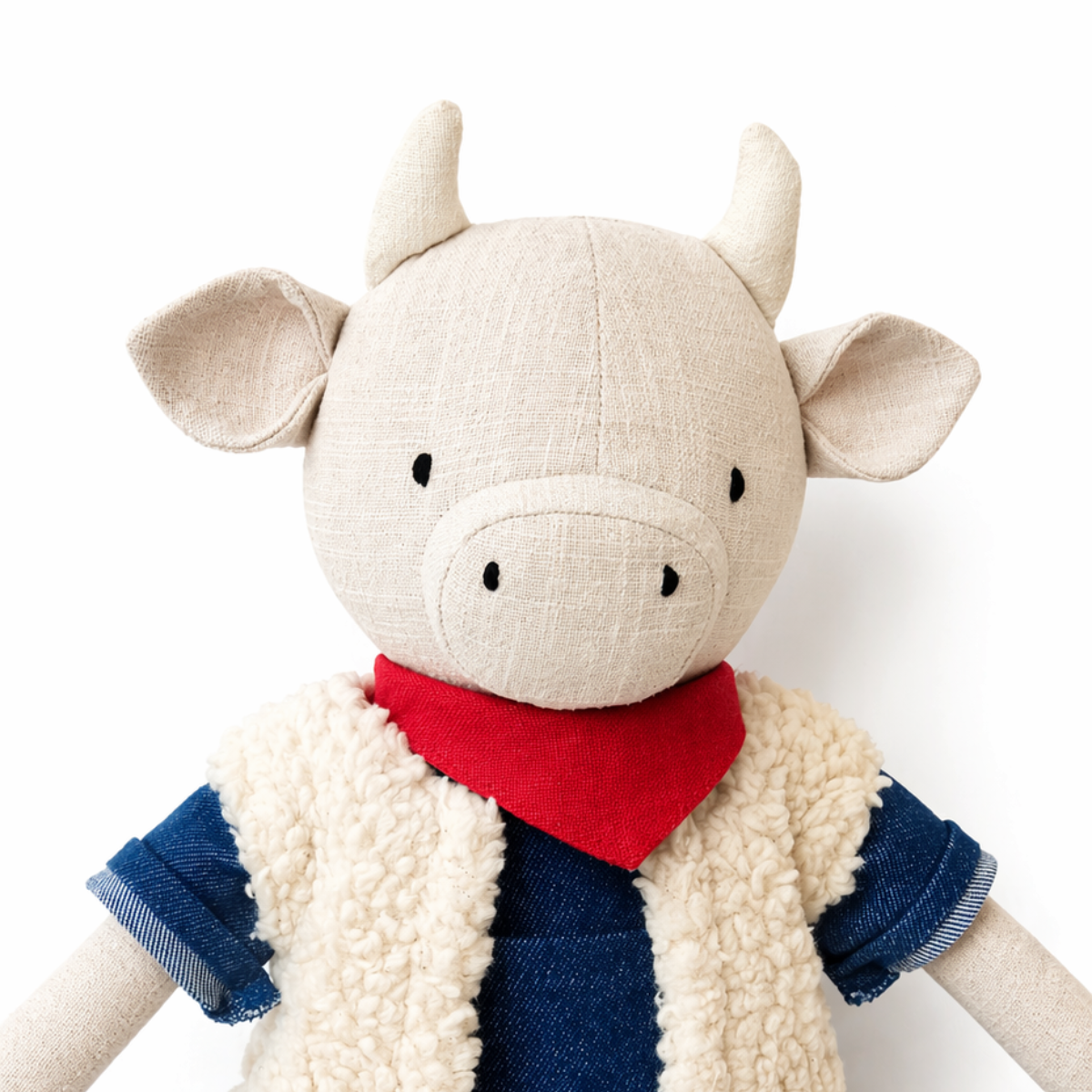 Peluche vache personnalisable, lin naturel, foulard rouge