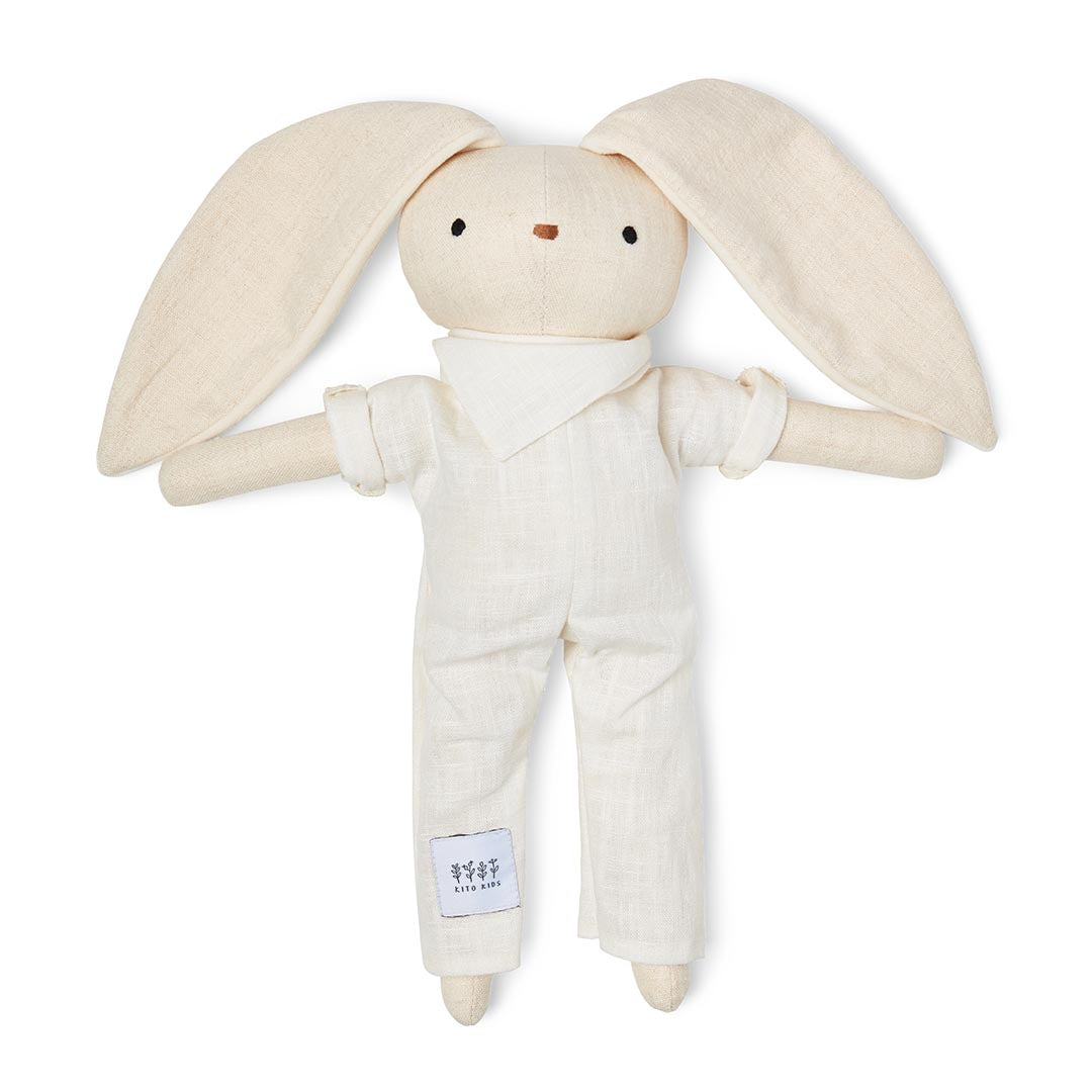 Doudou lapin en lin écru et coton blanc avec son sac de transport à cordon assorti pour bébé.