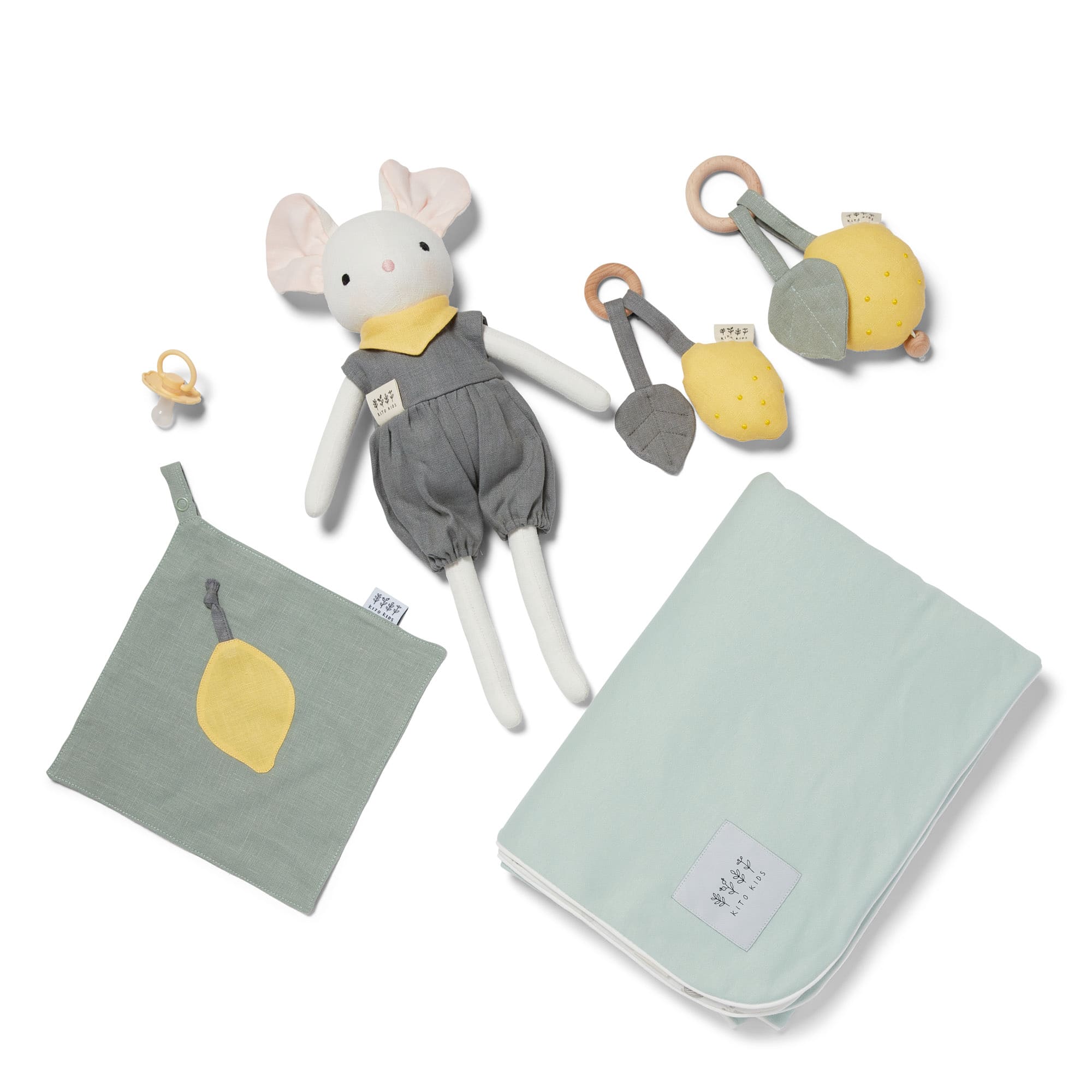 Coffret Naissance Souris – Foulard Jaune & Accessoires Bébé