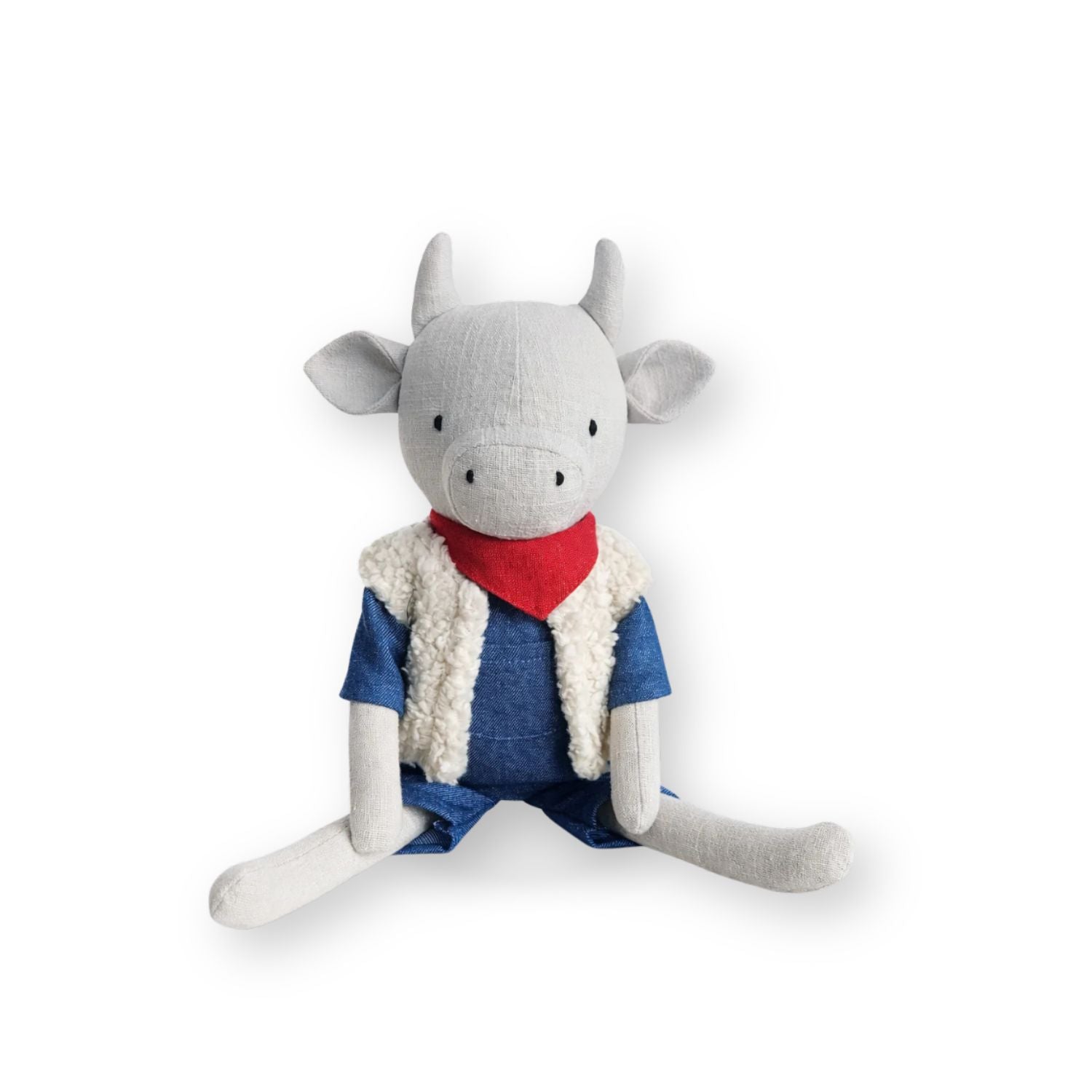 Peluche vache personnalisable, lin naturel, foulard rouge