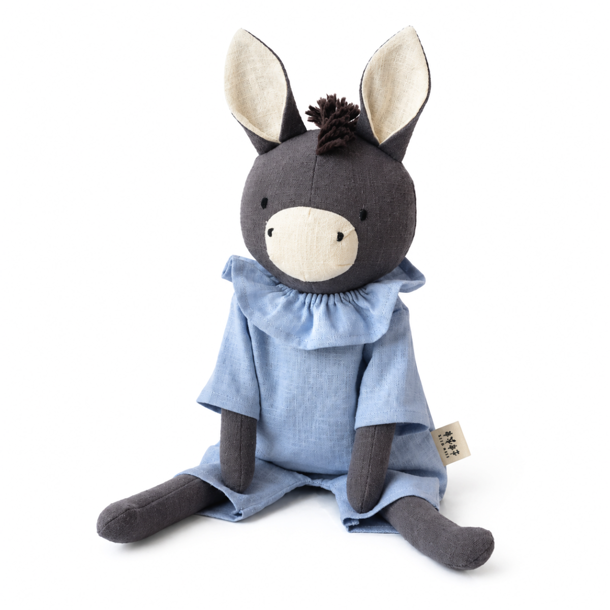 Peluche âne personnalisable, lin naturel, tenue bleu clair