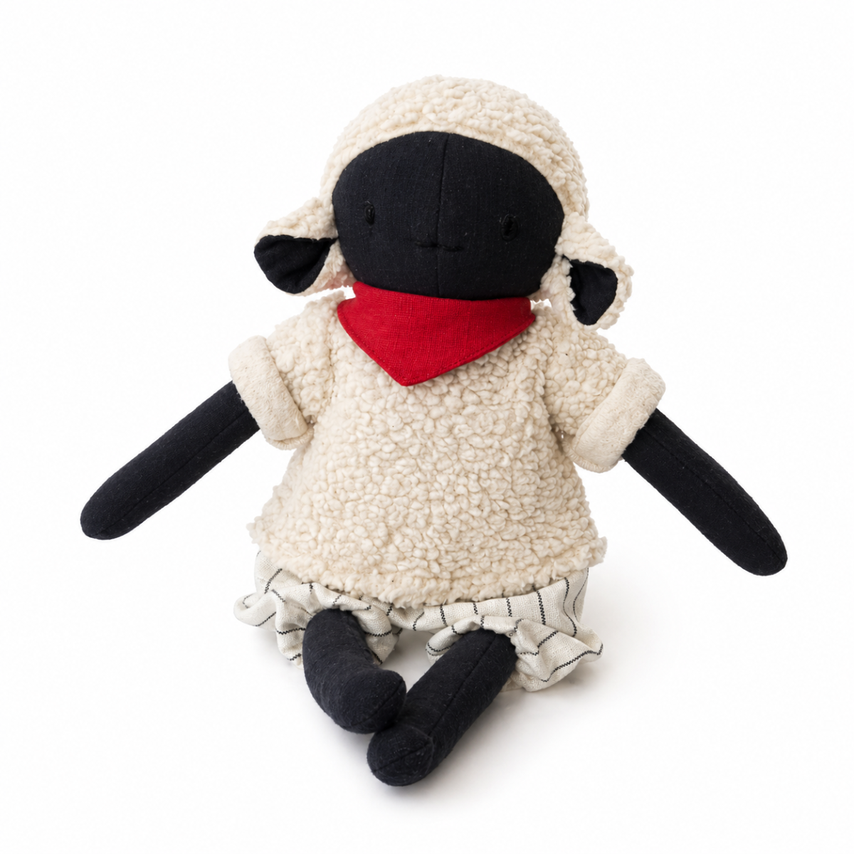 Peluche mouton nez noir personnalisable, lin naturel, foulard rouge