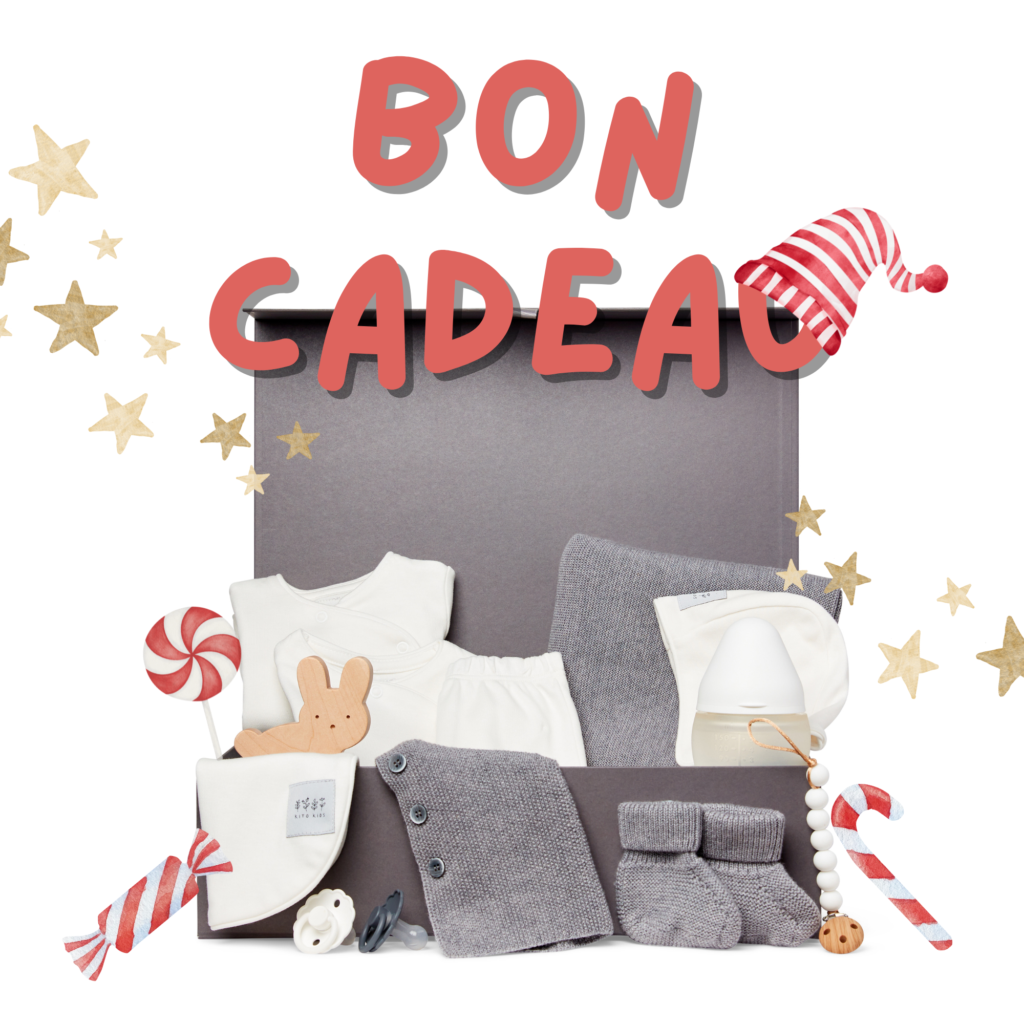 Visuel Bon Cadeau de Noël Kito Kids avec coffret naissance, couverture grise, vêtements bébé, bonnet, bavoir, chaussons, biberon et décorations festives.