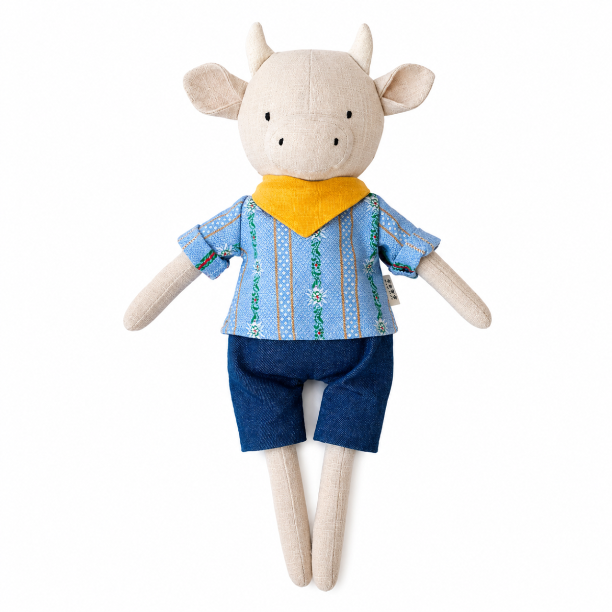 Peluche vache personnalisable en lin, foulard jaune
