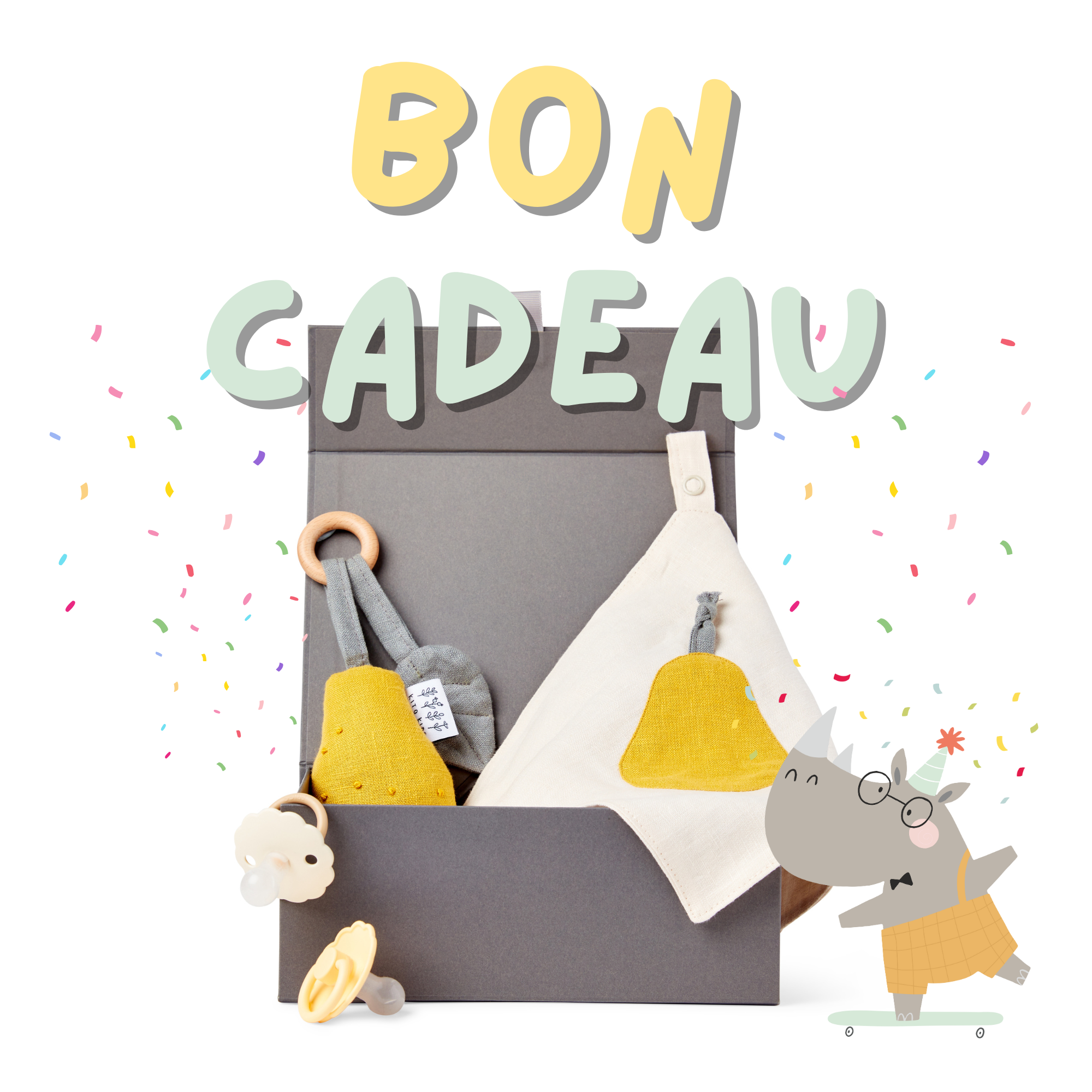 Carte cadeau bébé et coffret de naissance écoresponsable aux tons jaunes et gris contenant des jouets d'éveil, un lange et une attache-tétine Kito Kids