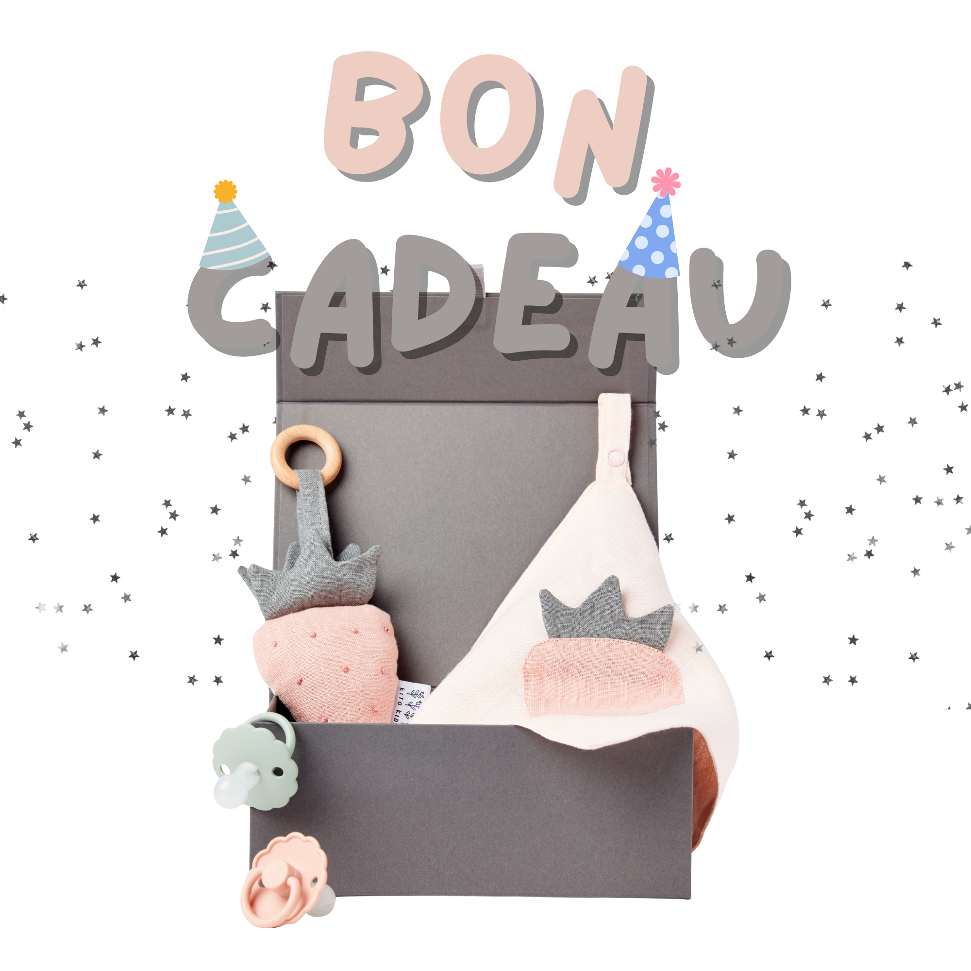Coffret cadeau Kito Kids avec doudou fraise, bavoir fraise, tétines et boîte cadeau, 