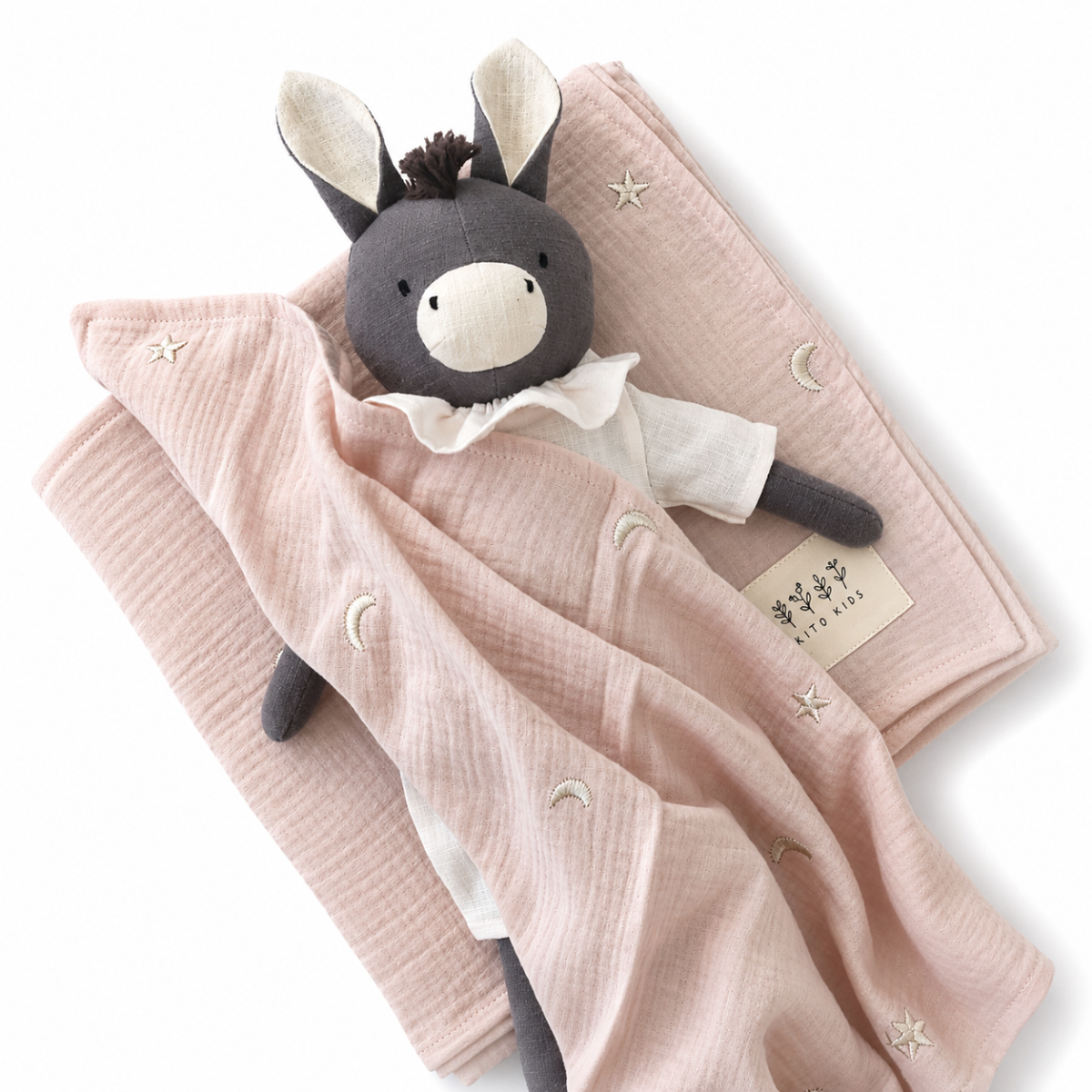 Peluche âne personnalisable, lin naturel, tenue rose