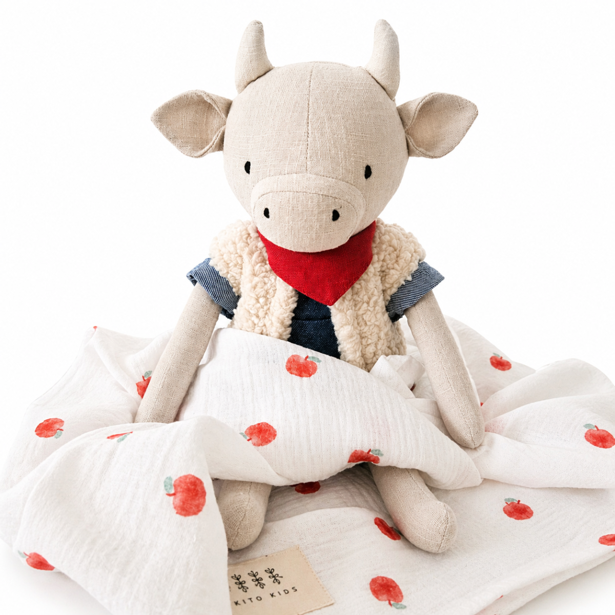 Peluche vache personnalisable, lin naturel, foulard rouge