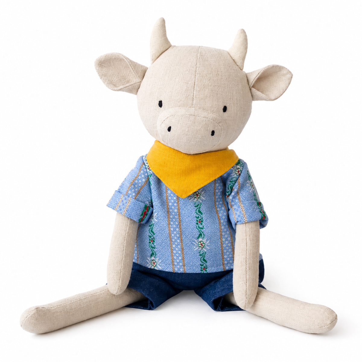 Peluche vache personnalisable en lin, foulard jaune