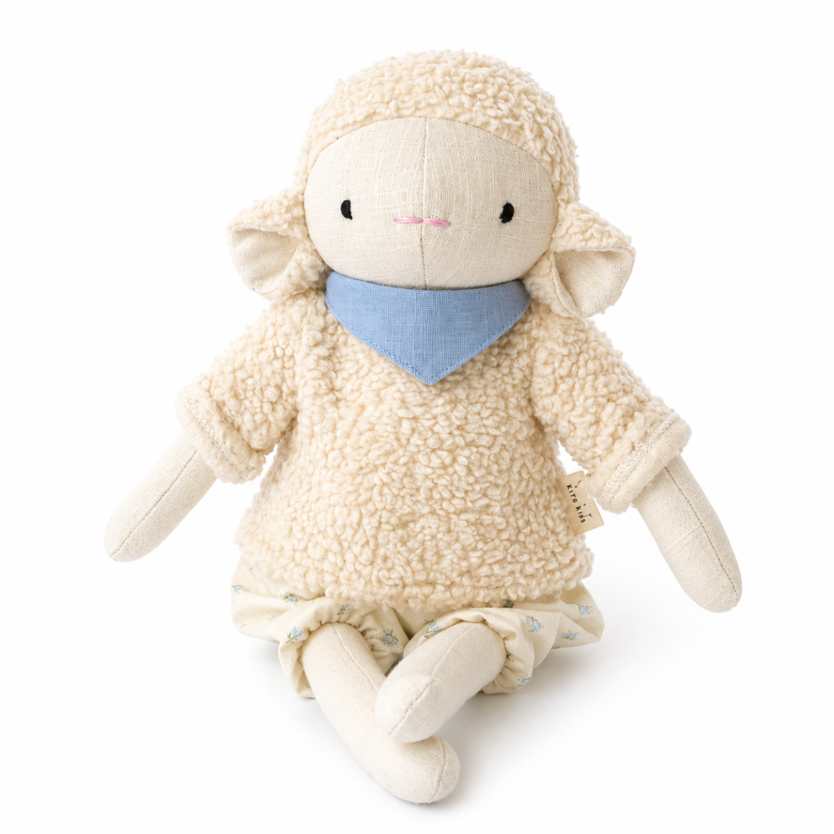 Peluche mouton personnalisable, lin blanc, foulard bleu