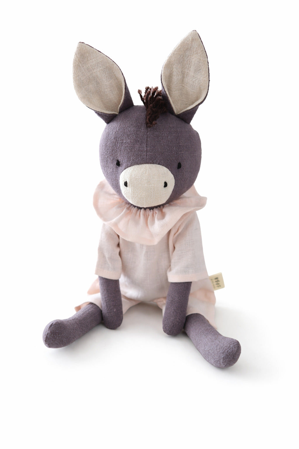 Peluche âne personnalisable en lin naturel et tenue rose parfait pour offrir confort, douceur et sécurité à votre bébé dès ses premiers mois.