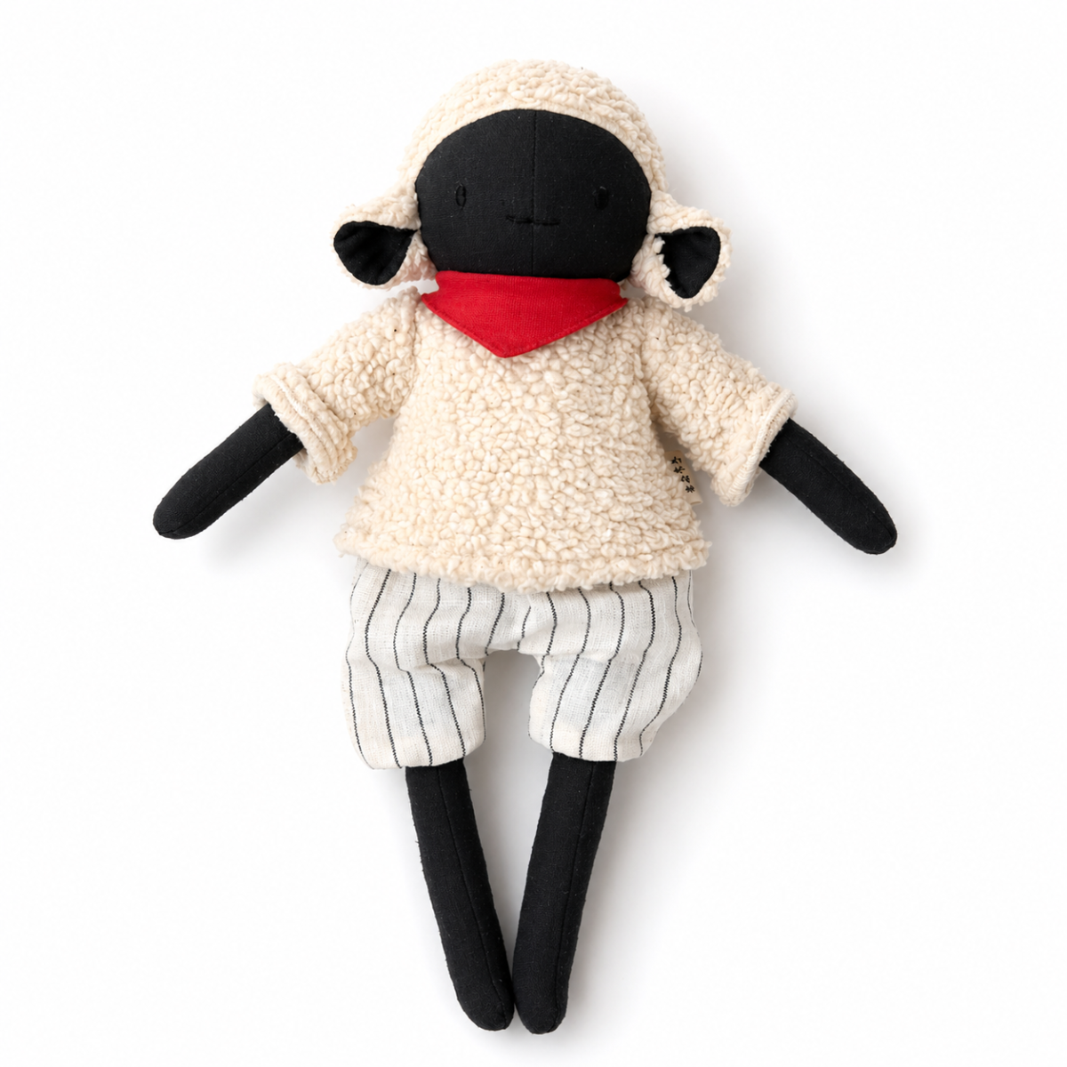 Peluche mouton nez noir personnalisable, lin naturel, foulard rouge