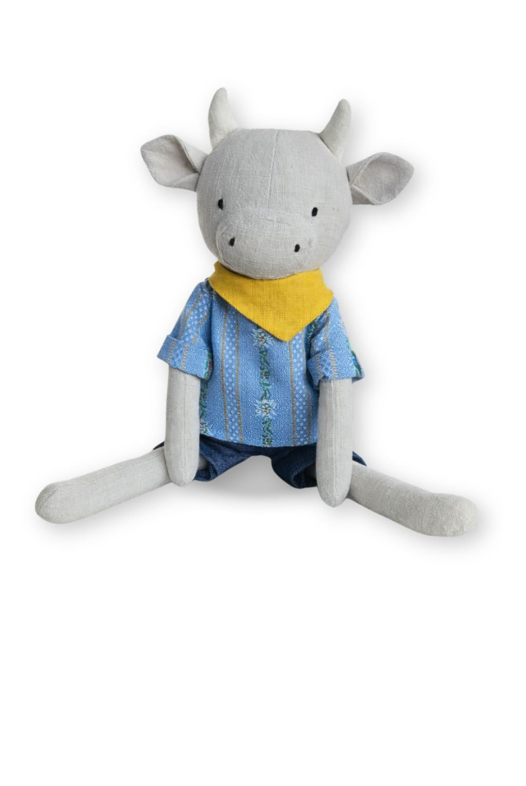 Peluche vache personnalisable en lin, foulard jaune