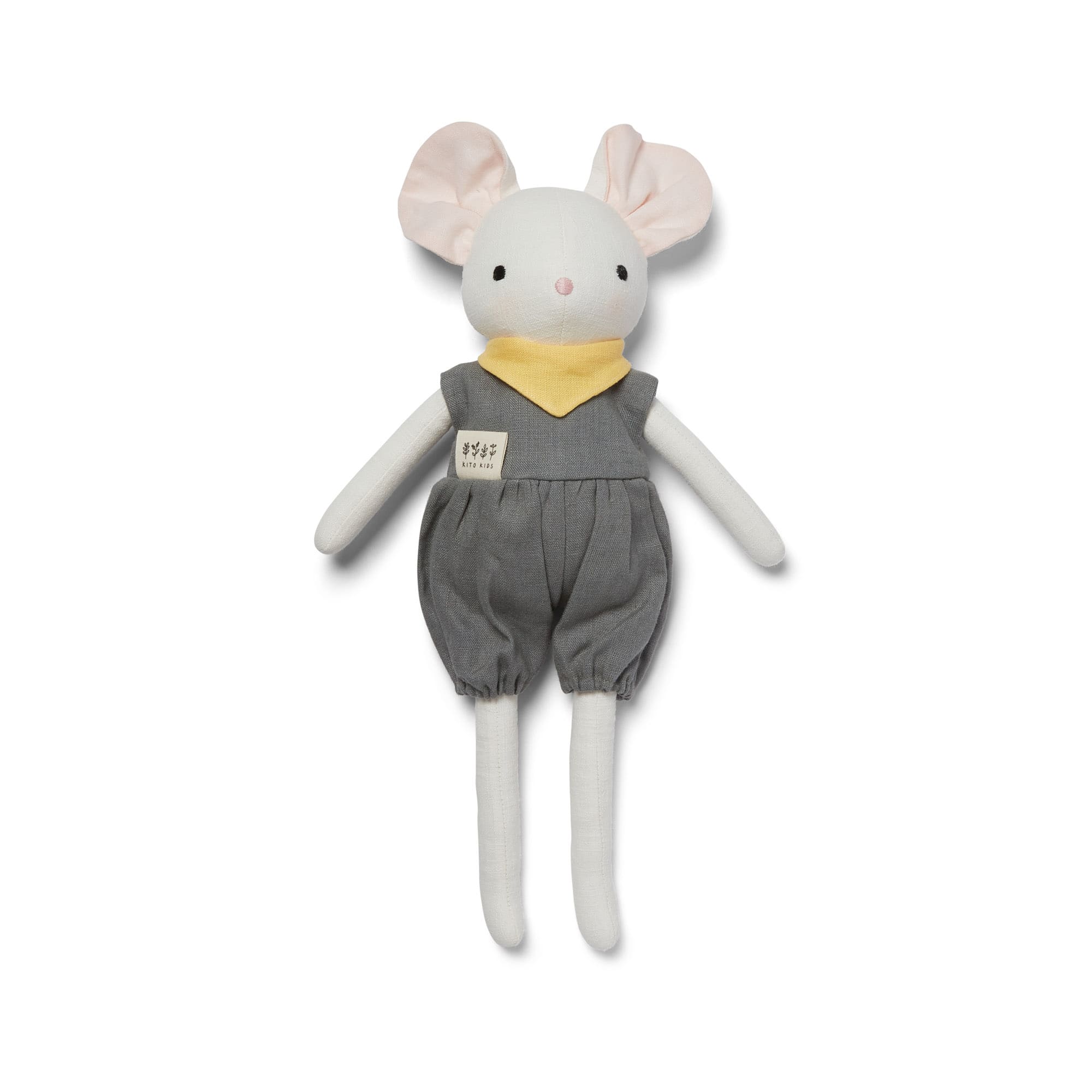Souris en Lin Personnalisable – Blanche, Vêtement Gris & Foulard Jaune
