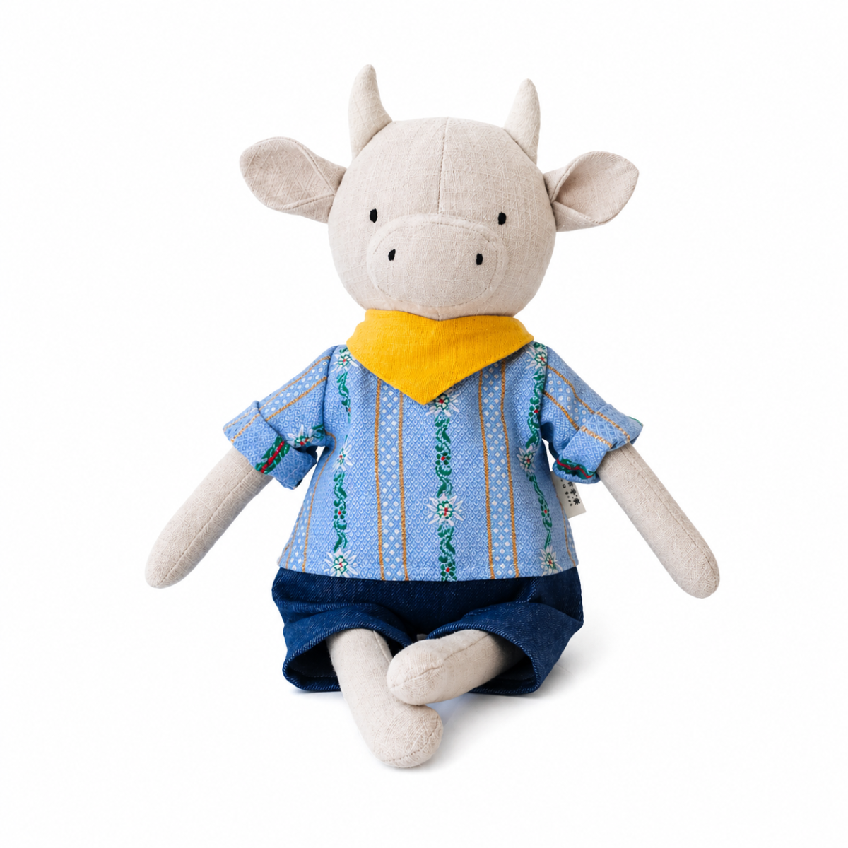 Peluche vache personnalisable en lin, foulard jaune