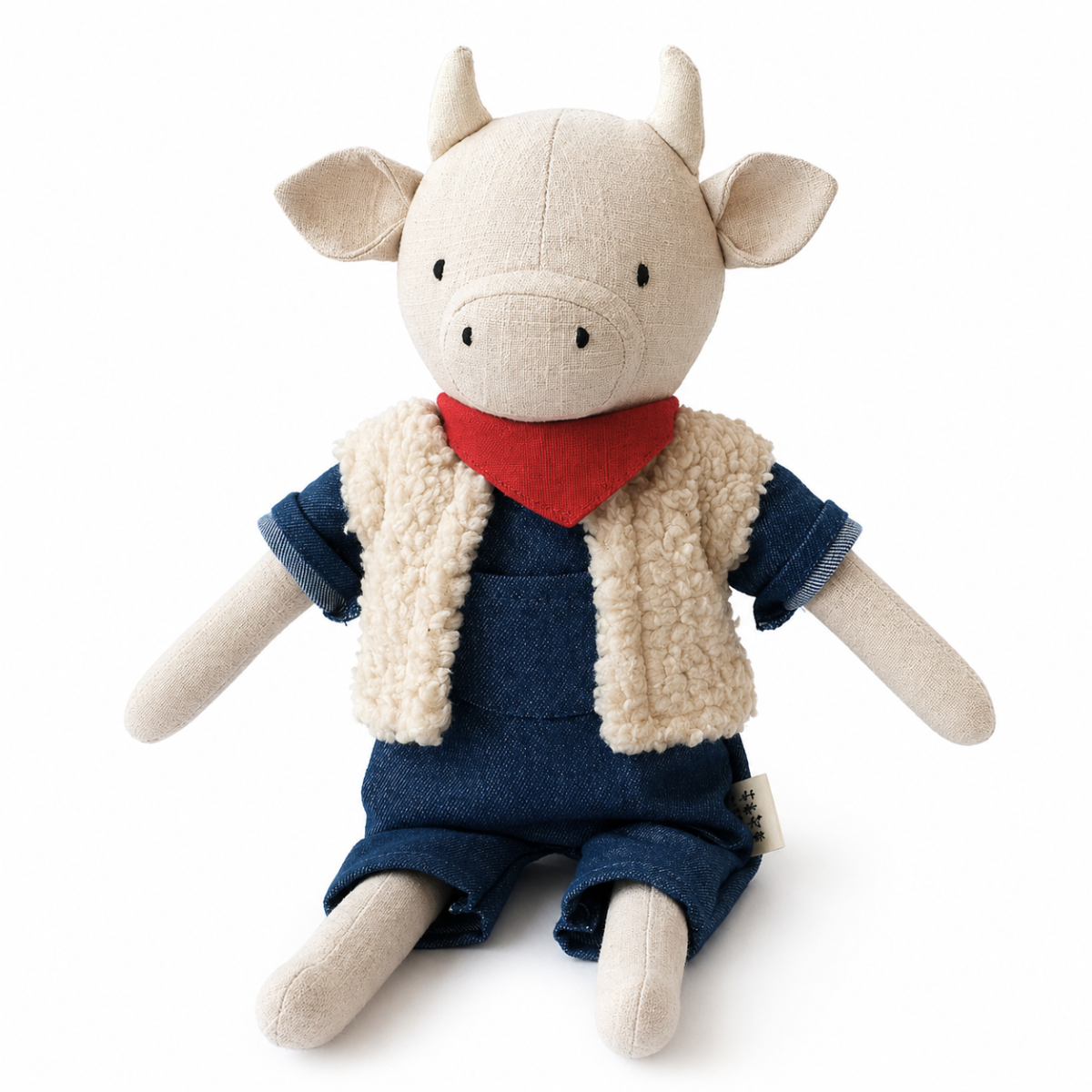 Peluche vache personnalisable, lin naturel, foulard rouge