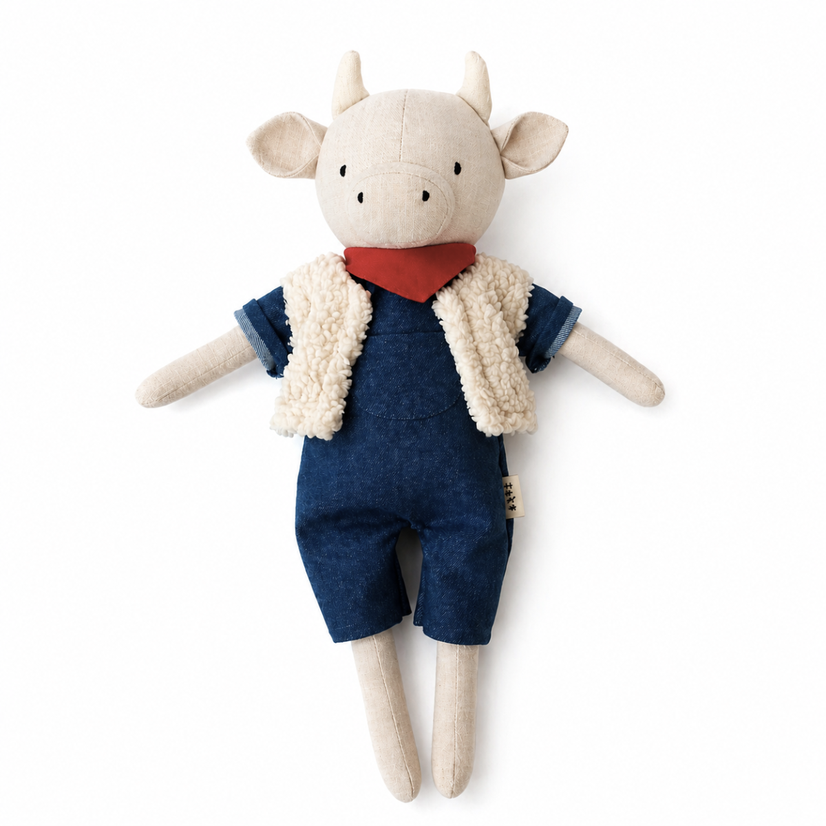 Peluche vache personnalisable, lin naturel, foulard rouge